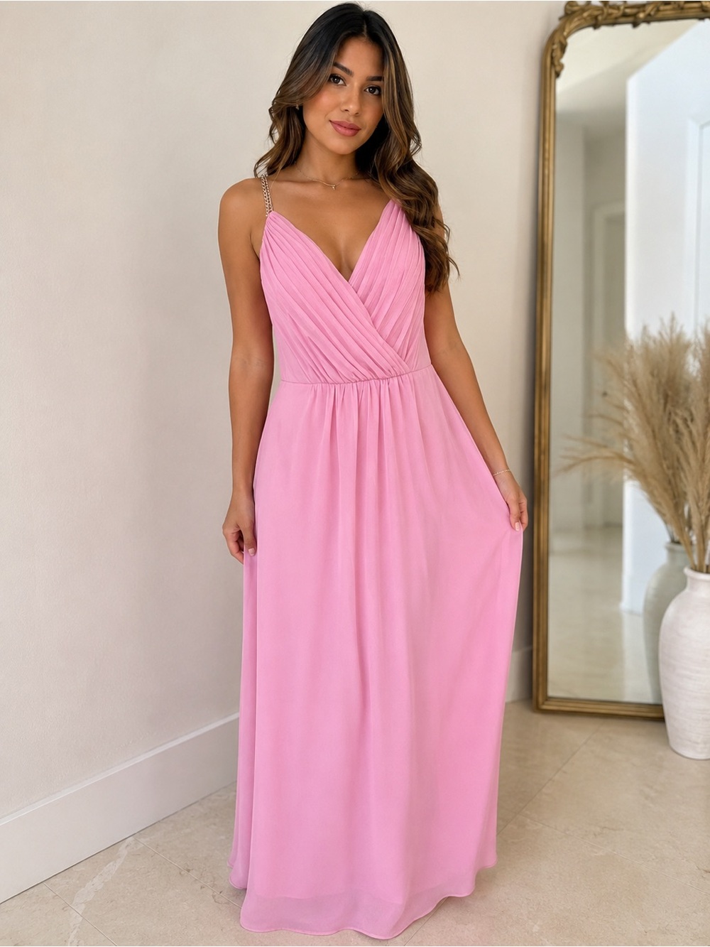 David’s Bridal Blossom Pink Surplice Maxi Dress|Double Jewels Chain Straps|sz 14